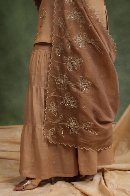 Shop_Charu Makkar_Brown Chanderi Sequins, Beads, Embroidery Sweet Cinnamon Kurta Gharara Set 