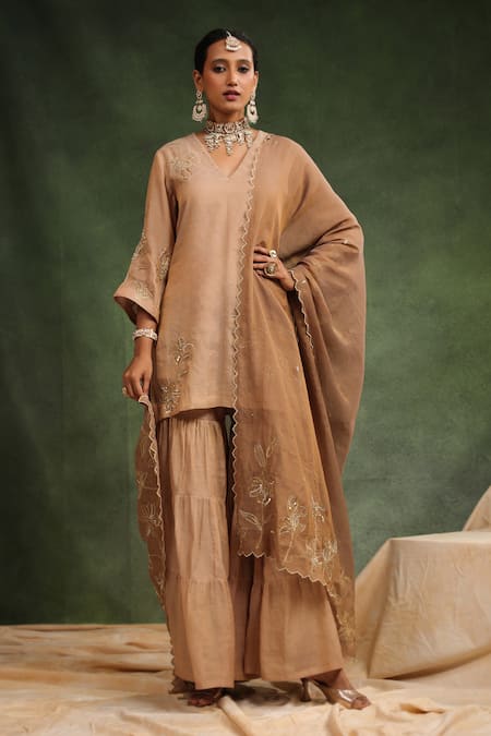 Charu Makkar Brown Tissue Chanderi Embroidered Sequin Sweet Cinnamon Kurta Gharara Set 