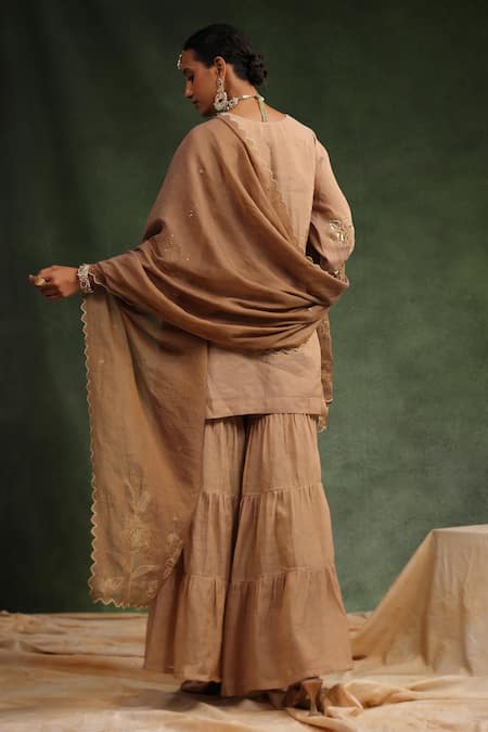 Charu Makkar_Brown Chanderi Sequins, Beads, Embroidery Sweet Cinnamon Kurta Gharara Set _Online_at_Aza_Fashions