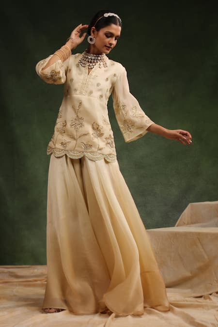 Charu Makkar_Beige Satin, Organza Embroidery, Beads, Sequins Sugar Plum Kurta Sharara Set _Online_at_Aza_Fashions