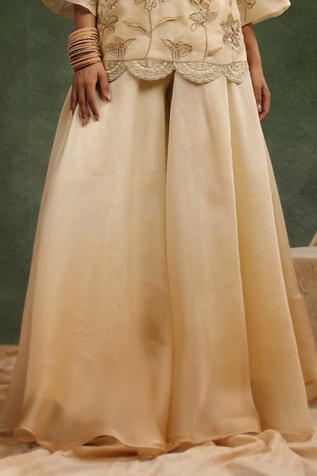 Buy_Charu Makkar_Beige Satin, Organza Embroidery, Beads, Sequins Sugar Plum Kurta Sharara Set _Online_at_Aza_Fashions
