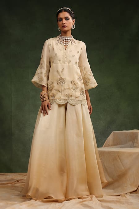 Shop_Charu Makkar_Beige Satin, Organza Embroidery, Beads, Sequins Sugar Plum Kurta Sharara Set _Online_at_Aza_Fashions