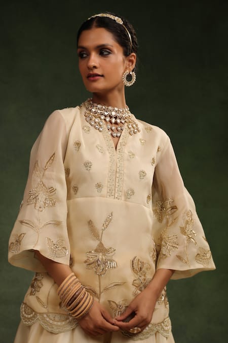 Charu Makkar_Beige Satin, Organza Embroidery, Beads, Sequins Sugar Plum Kurta Sharara Set _at_Aza_Fashions