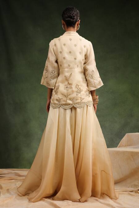 Shop_Charu Makkar_Beige Satin, Organza Embroidery, Beads, Sequins Sugar Plum Kurta Sharara Set _at_Aza_Fashions