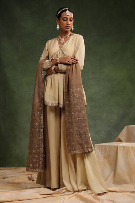Buy_Charu Makkar_Beige Muslin, Silk Embroidery Over The Taupe Gathered Peplum Kurta Gharara Set 