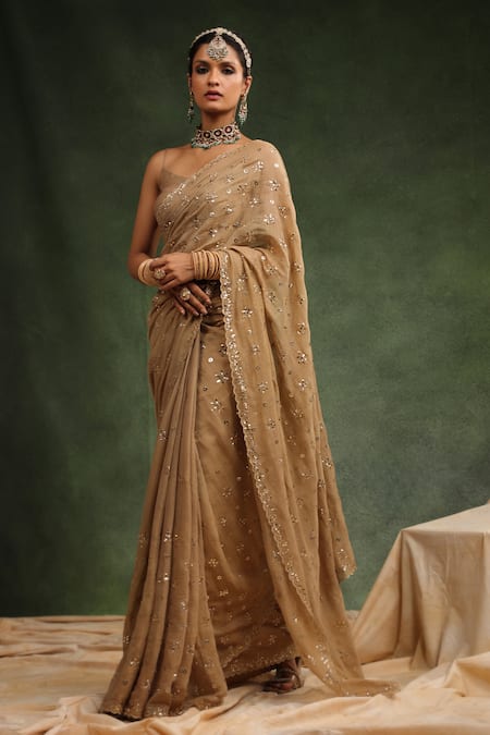 Buy_Charu Makkar_Beige Tissue, Chanderi Nutmeg Badla Work Saree With Unstitched Blouse Piece _Online_at_Aza_Fashions
