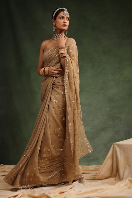 Shop_Charu Makkar_Beige Tissue, Chanderi Nutmeg Badla Work Saree With Unstitched Blouse Piece _Online_at_Aza_Fashions