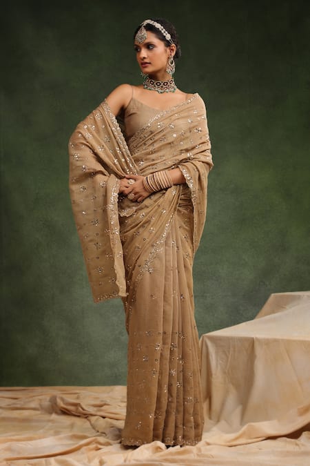 Charu Makkar_Beige Tissue, Chanderi Nutmeg Badla Work Saree With Unstitched Blouse Piece _Online_at_Aza_Fashions