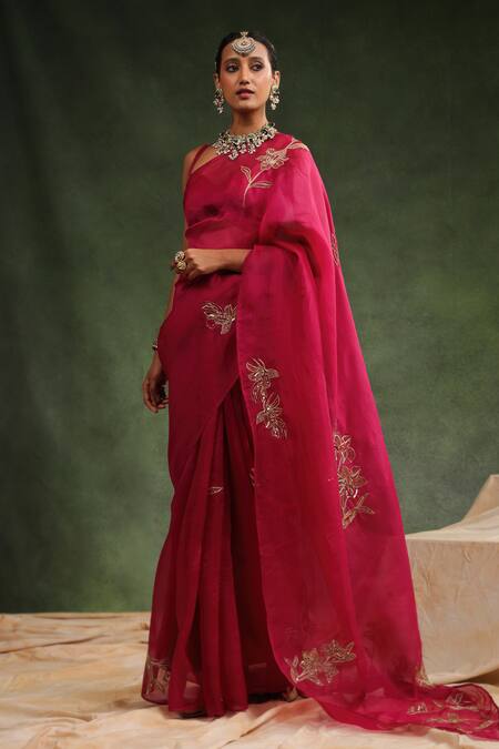Buy_Charu Makkar_Wine Silk Organza Sequins Cosmo Embroidered Saree With Unstitched Blouse Piece _Online_at_Aza_Fashions