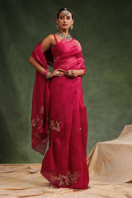 Charu Makkar_Wine Silk Organza Sequins Cosmo Embroidered Saree With Unstitched Blouse Piece _at_Aza_Fashions