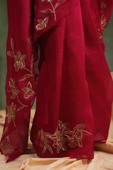 Buy_Charu Makkar_Wine Silk Organza Sequins Cosmo Embroidered Saree With Unstitched Blouse Piece 