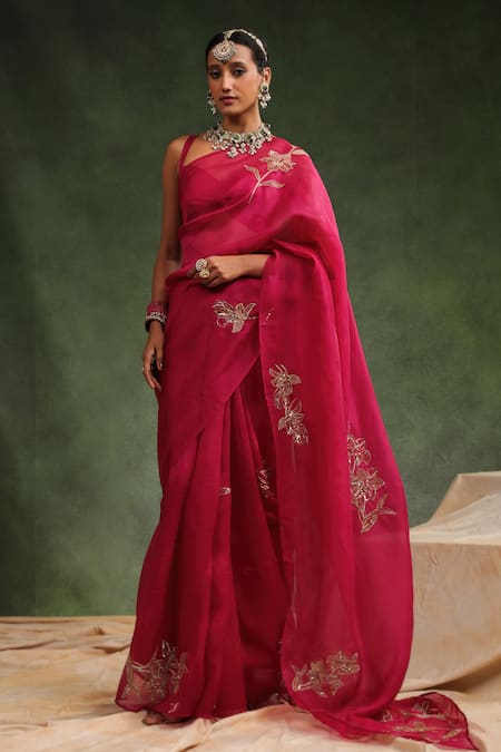 Charu Makkar Wine Silk Organza Embroidered Sequin Cosmo Saree With Unstitched Blouse Piece 