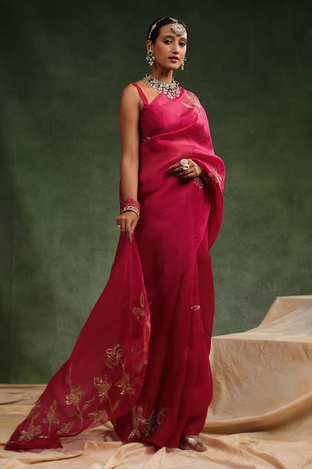 Charu Makkar_Wine Silk Organza Sequins Cosmo Embroidered Saree With Unstitched Blouse Piece _Online_at_Aza_Fashions