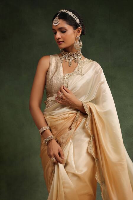 Charu Makkar_Beige Silk Organza Sequins, Beads Honey Ombre Saree With Unstitched Blouse Piece _Online_at_Aza_Fashions