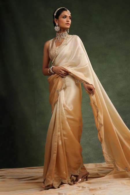 Buy_Charu Makkar_Beige Silk Organza Sequins, Beads Honey Ombre Saree With Unstitched Blouse Piece _Online_at_Aza_Fashions