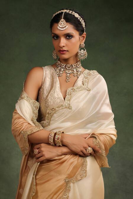 Shop_Charu Makkar_Beige Silk Organza Sequins, Beads Honey Ombre Saree With Unstitched Blouse Piece _Online_at_Aza_Fashions
