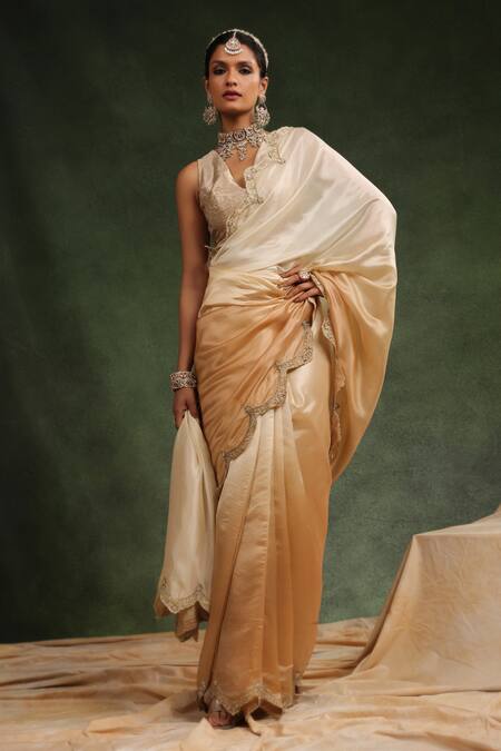 Charu Makkar_Beige Silk Organza Sequins, Beads Honey Ombre Saree With Unstitched Blouse Piece _at_Aza_Fashions