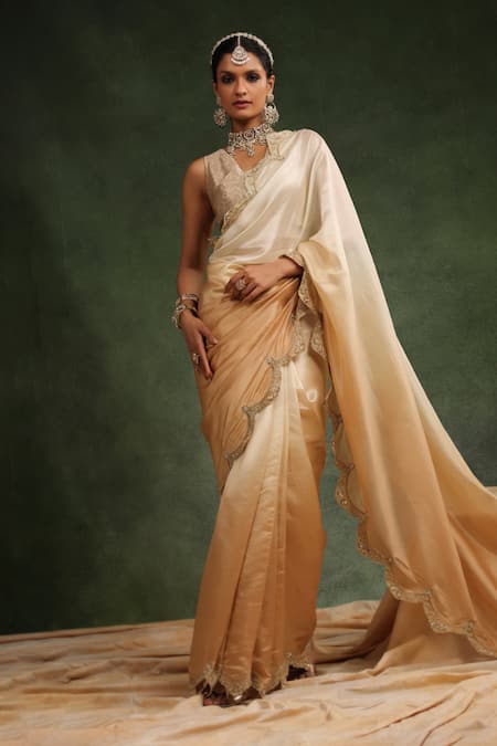 Charu Makkar Beige Italian Silk Organza Honey Ombre Saree With Unstitched Blouse Piece 