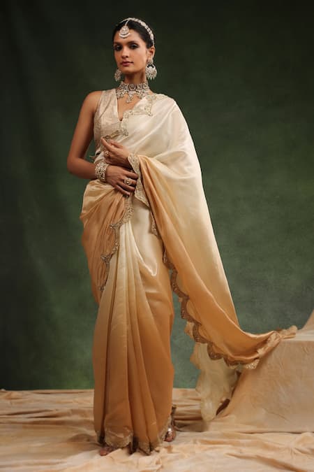 Shop Charu Makkar Beige Silk Organza Sequins, Beads Honey Ombre Saree With Unstitched Blouse Piece at Aza Fashions Shop_Charu Makkar_Beige Silk Organza Sequins, Beads Honey Ombre Saree With Unstitched Blouse Piece _at_Aza_Fashions