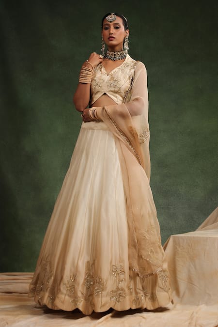 Shop_Charu Makkar_Beige Silk Organza Sequins, Beads Mull It Over Embroidered Lehenga Set _Online_at_Aza_Fashions