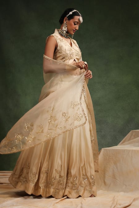 Charu Makkar_Beige Silk Organza Sequins, Beads Mull It Over Embroidered Lehenga Set _at_Aza_Fashions