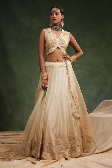 Buy_Charu Makkar_Beige Silk Organza Sequins, Beads Mull It Over Embroidered Lehenga Set 
