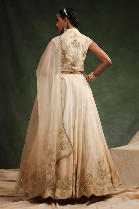 Charu Makkar_Beige Silk Organza Sequins, Beads Mull It Over Embroidered Lehenga Set _Online_at_Aza_Fashions