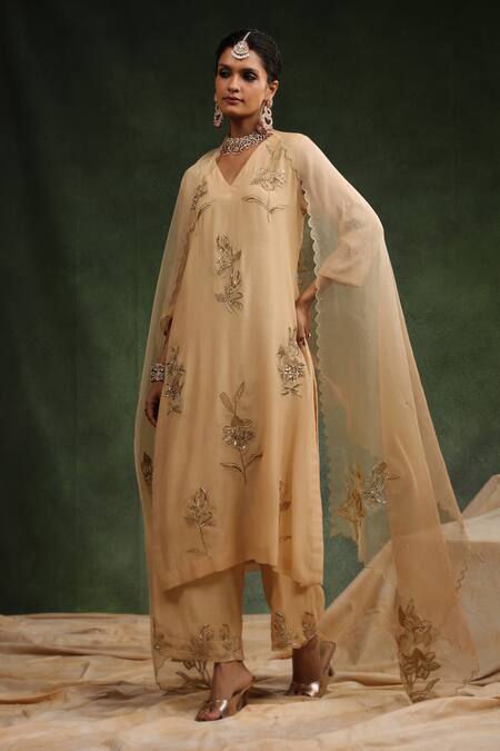 Shop_Charu Makkar_Beige Chanderi, Silk Organza Embroidery, Sequins, Gingeralla Kurta Pant Set _Online_at_Aza_Fashions