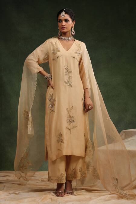 Charu Makkar_Beige Chanderi, Silk Organza Embroidery, Sequins, Gingeralla Kurta Pant Set _at_Aza_Fashions
