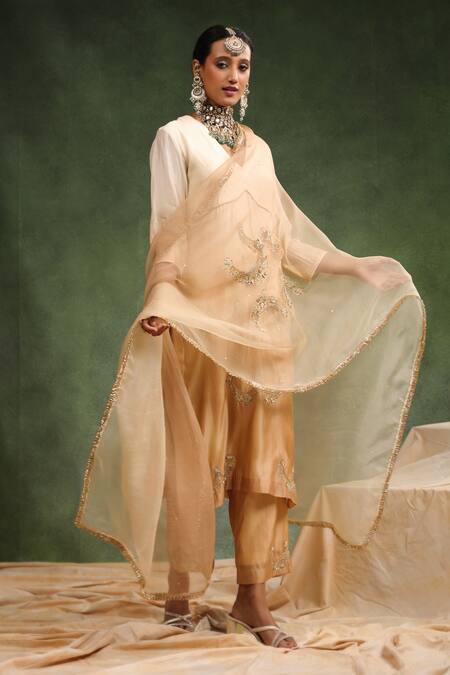 Charu Makkar_Beige Silk Organza Sequins, Beads, Embroidery V-neck Mehr Ombre Kurta Pant Set _Online_at_Aza_Fashions