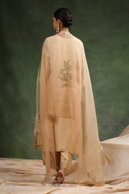 Charu Makkar_Beige Silk Organza Sequins, Beads, Embroidery V-neck Mehr Ombre Kurta Pant Set _at_Aza_Fashions