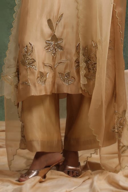 Buy_Charu Makkar_Beige Organza, Sequins, Beads, Embroidery Poncy Kurta Pant Set _Online_at_Aza_Fashions
