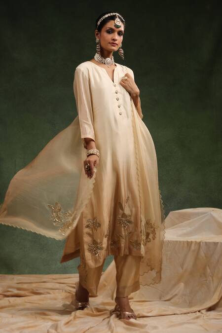 Shop_Charu Makkar_Beige Organza, Sequins, Beads, Embroidery Poncy Kurta Pant Set _Online_at_Aza_Fashions