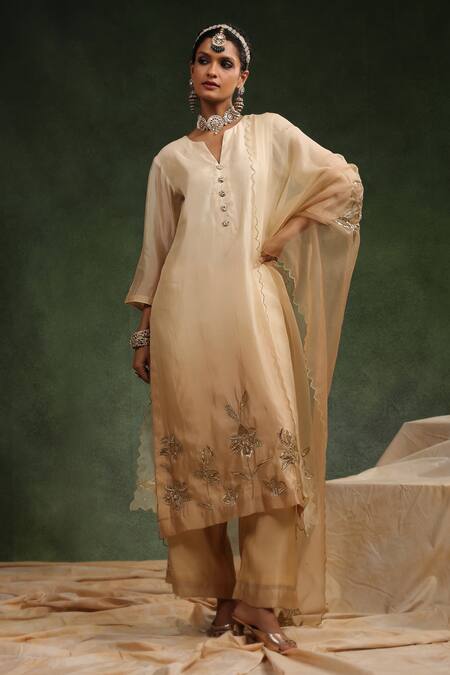 Charu Makkar_Beige Organza, Sequins, Beads, Embroidery Poncy Kurta Pant Set _at_Aza_Fashions