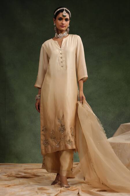 Buy_Charu Makkar_Beige Organza, Sequins, Beads, Embroidery Poncy Kurta Pant Set 