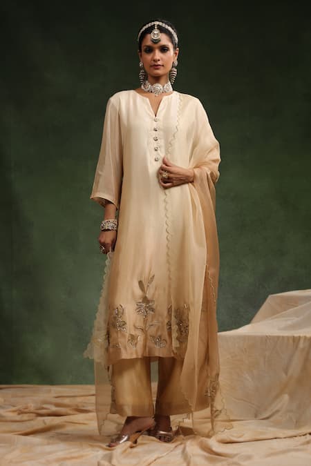 Charu Makkar Beige Kurta And Pant Italian Silk Organza Embroidered Sequin Notched Poncy Set 