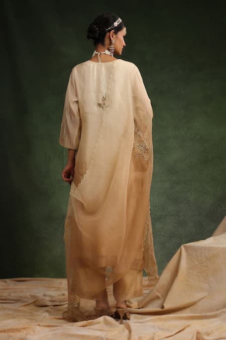 Charu Makkar_Beige Organza, Sequins, Beads, Embroidery Poncy Kurta Pant Set _Online_at_Aza_Fashions