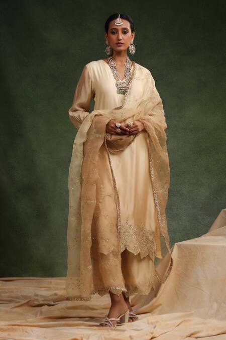 Shop_Charu Makkar_Beige Organza, Sequins, Impulsive Cutout Work Kurta Pant Set _Online_at_Aza_Fashions