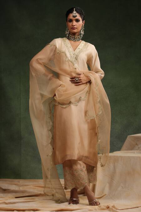 Buy_Charu Makkar_Beige Organza, Sequins, Beads, Embroidery V-neck Mocha Kurta Pant Set _Online_at_Aza_Fashions