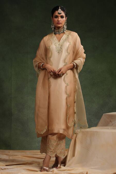Shop_Charu Makkar_Beige Organza, Sequins, Beads, Embroidery V-neck Mocha Kurta Pant Set _Online_at_Aza_Fashions