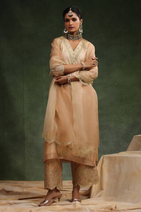 Shop Charu Makkar Beige Organza, Sequins, Beads, Embroidery V-neck Mocha Kurta Pant Set Shop_Charu Makkar_Beige Organza, Sequins, Beads, Embroidery V-neck Mocha Kurta Pant Set
