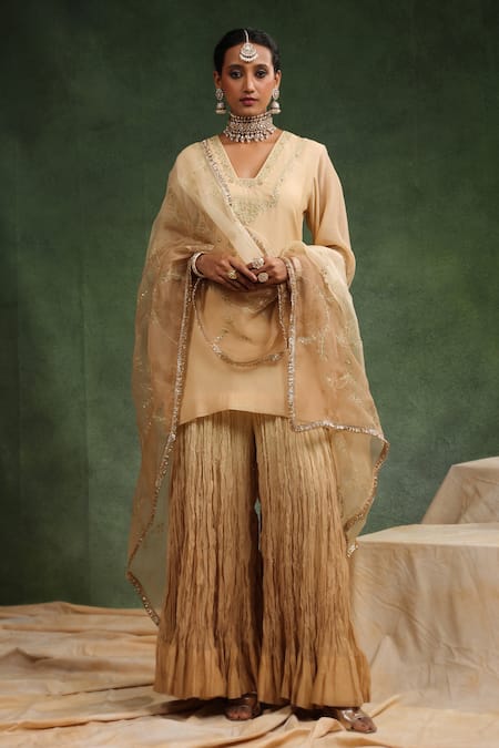 Buy_Charu Makkar_Beige Chanderi, Silk Organza Sequins, Embroidery, Romance Kurta Sharara Set _Online_at_Aza_Fashions