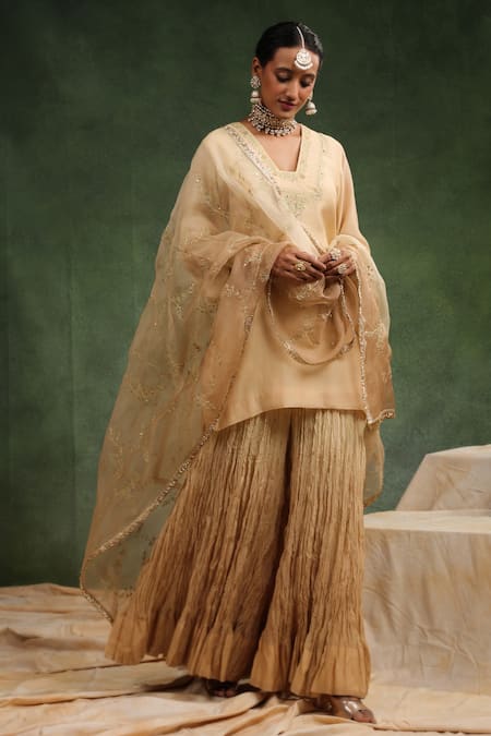 Shop_Charu Makkar_Beige Chanderi, Silk Organza Sequins, Embroidery, Romance Kurta Sharara Set _Online_at_Aza_Fashions