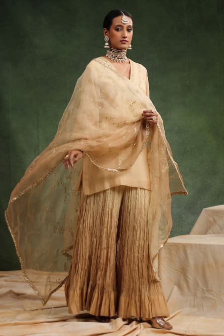 Charu Makkar_Beige Chanderi, Silk Organza Sequins, Embroidery, Romance Kurta Sharara Set _at_Aza_Fashions