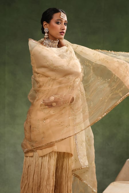 Shop Charu Makkar Beige Chanderi, Silk Organza Sequins, Embroidery, Romance Kurta Sharara Set Shop_Charu Makkar_Beige Chanderi, Silk Organza Sequins, Embroidery, Romance Kurta Sharara Set
