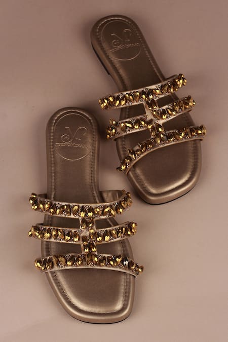 PHENOMINAAL Gold Crystal Embellished Flat Sandals 