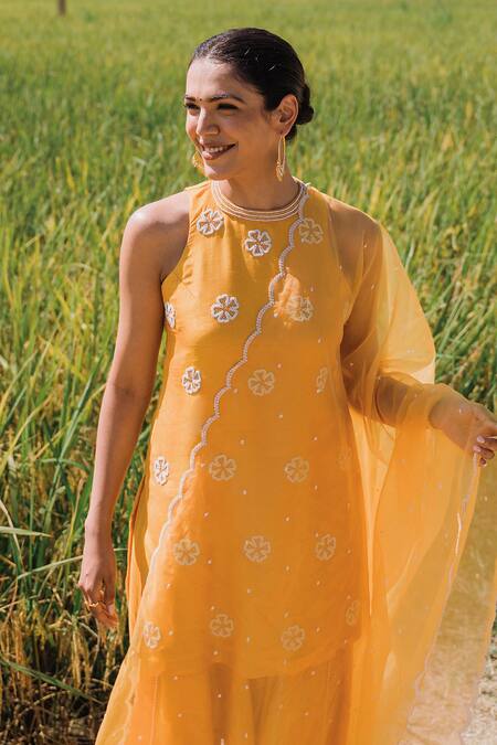 Mona And Vishu_Yellow Silk, Organza Pearls, Embroidery Round Neck Floral Kurta Tulip Pant Set _Online_at_Aza_Fashions