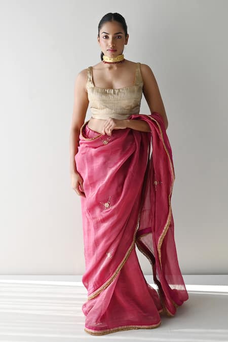 Shorshe Clothing_Pink Chanderi Silk, Tissue Cut Work, Sequins Sati And Embroidered Saree _Online_at_Aza_Fashions