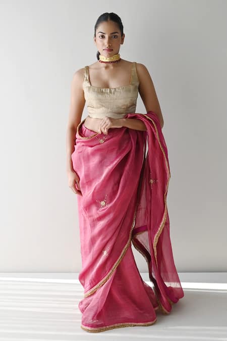 Buy_Shorshe Clothing_Pink Chanderi Silk, Tissue Cut Work, Sequins Sati And Embroidered Saree _Online_at_Aza_Fashions
