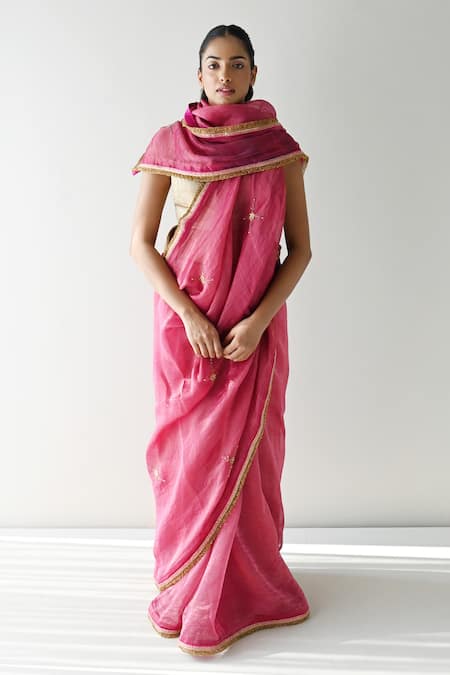 Shop_Shorshe Clothing_Pink Chanderi Silk, Tissue Cut Work, Sequins Sati And Embroidered Saree _Online_at_Aza_Fashions